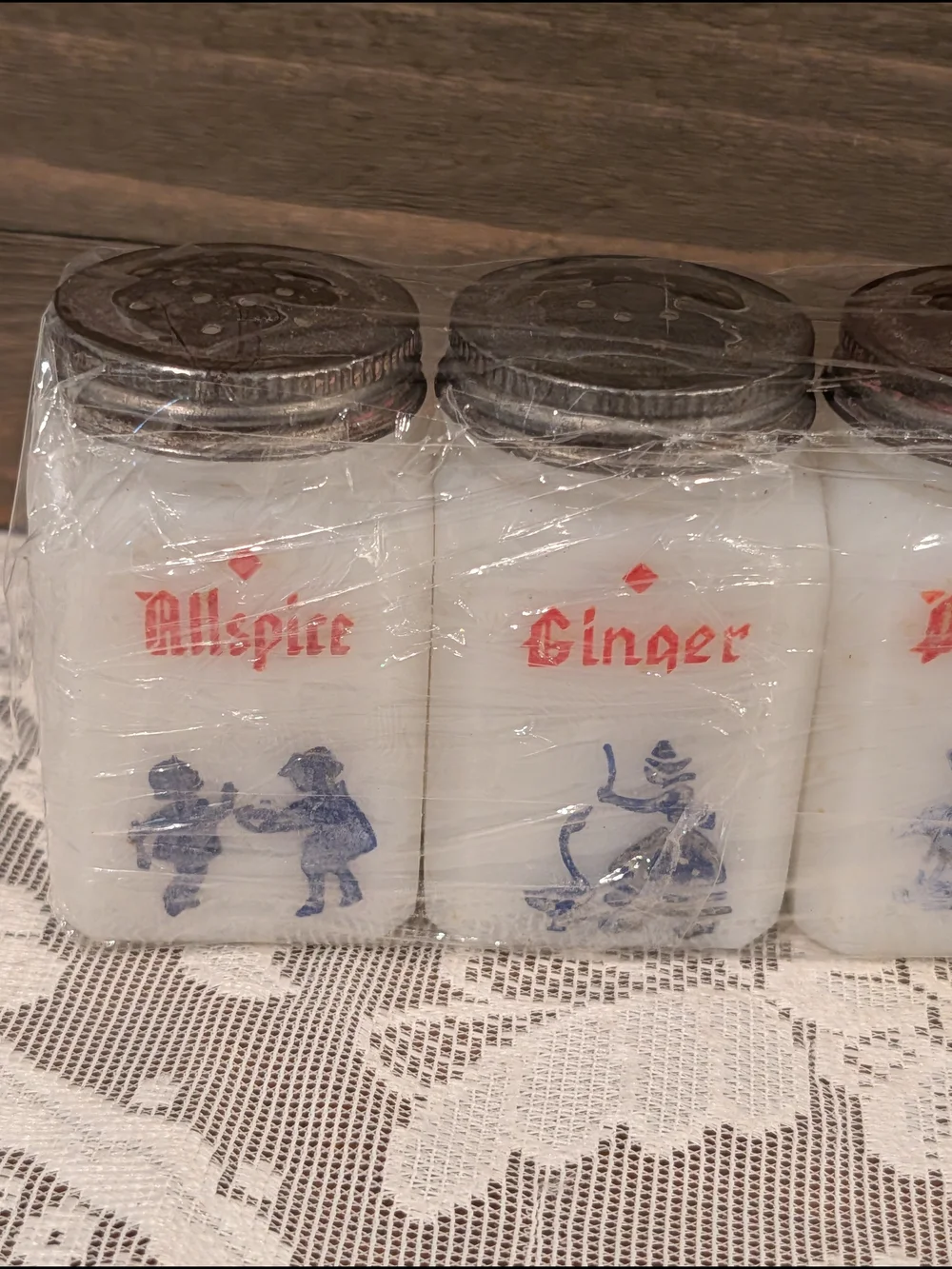 Vintage White Glass Spice Jar Set with Dutch Pattern